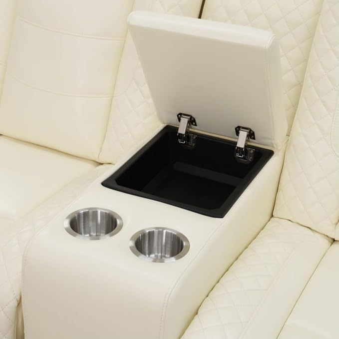 Electric Power Recliner Loveseat Set Living Room Furniture, Comfy Home Theater Breathing Leather Seating with USB 2.0 Charging Ports, LED Light Strips, Mid Console and Cupholders (White-2)