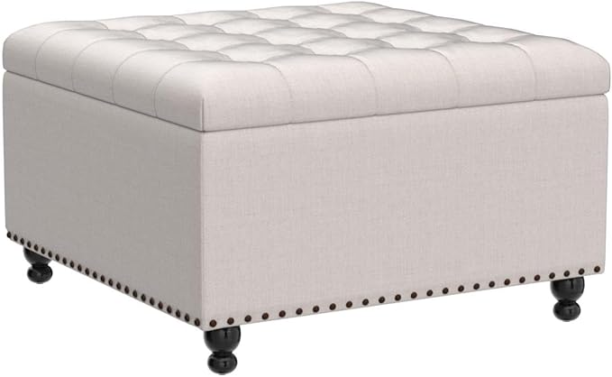 Tbfit Large Square Storage Ottoman Bench, Botton Tufted Upholstered Coffee Table with Wooden Legs, Oversized Storage Ottomans Toy Box Footrest for Living Room, Apartment, Beige