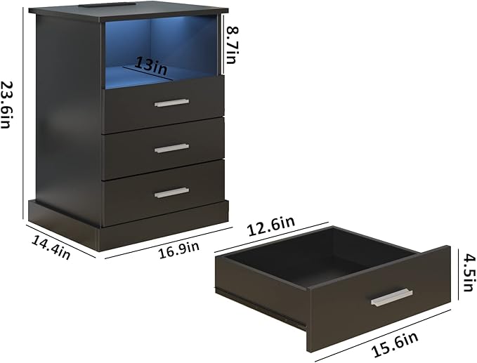Black LED Nightstand with Charging Station, Side Table with 3 Drawers and Light, End Table with Open Storage, Beside Cabinet for Bedroom (Black)