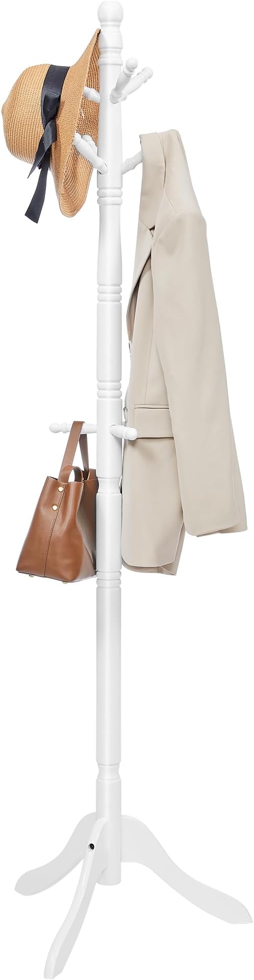 VASAGLE Solid Wood Coat Rack and Stand, Free Standing Hall Coat Tree with 10 Hooks for Hats, Bags, Purses, for Entryway, Hallway, Rubberwood, Cloud White URCR03WT