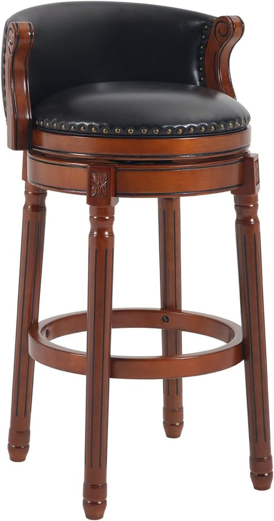 Cow top Leather Wooden Bar Stools, 29.5" Bar Height Bar Chair with Back, 180 Degrees Swivel Barstools Chair for Home Kitchen Counter,Dining Room (Black-1pc, Bar Height-Seat Height 29.5”)