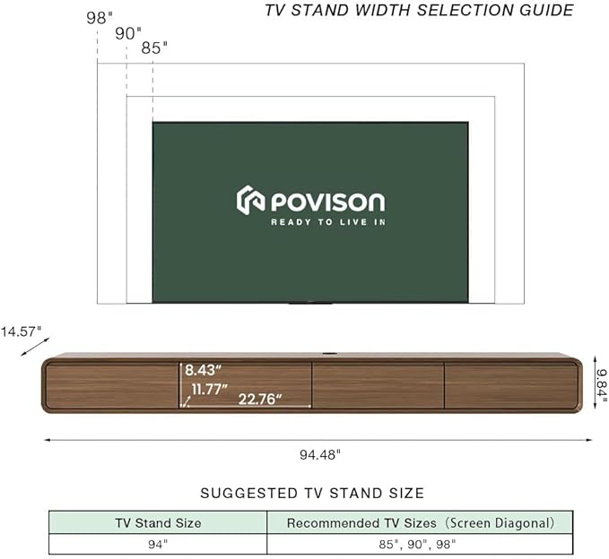 POVISON Fully-Assembled Minimalist Floating TV Stand with LED Lights, Modern Wall-Mounted Media Console with 4 Drawers for 85 Inch TV, Walnut Veneer, 94"