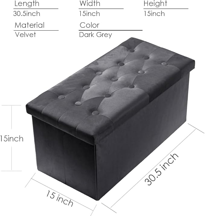 PRANDOM Extra Large Ottoman with Storage [1-Pack] Velvet Folding Small Square Foot Stool with Lid for Living Room Bedroom Coffee Table Dorm Dark Grey 30.5x15x15 inches