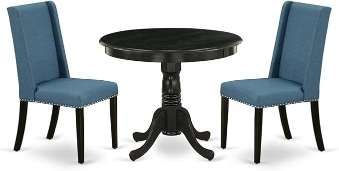 East West Furniture ANFL3-ABK-21 3 Piece Modern Dining Table Set Contains a Round Kitchen Table with Pedestal and 2 Blue Linen Fabric Parson Dining Chairs, 36x36 Inch, Wirebrushed Black