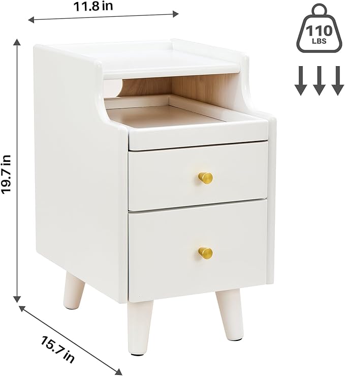 Uniclinens White Narrow Nightstand with Drawers, Small Slim Solid Wood Bedside Table for Bedroom, Modern End/Side for Living Room