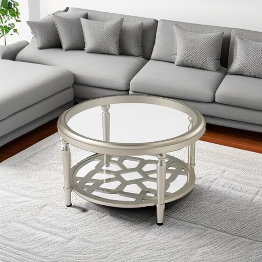 COSIEST Glass Coffee Table, 32" Round Coffee Tables with Storage, 2-Tier Glass Top, Clear Coffee Table, Simple & Modern Center Table for Living Room or Home Office (Champagne)