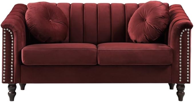 60" Loveseat Sofa, Microfiber Chesterfield Upholstered Sofas Love Seat, Couch Chair Sets with Style Button Tufted, Scroll Arms and Nailhead for Living Room, Office, Apartment-Red