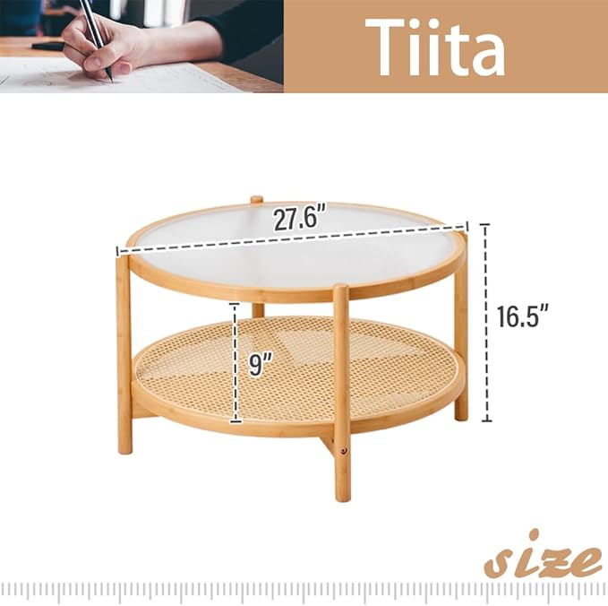 Tiita Rattan Coffee Table, Large Round End Table, 27.6 Inch Modern Side Table, Living Room Side Table, Glass Sofa End Table for Balcony and Office Outdoor/Indoor (Wood)