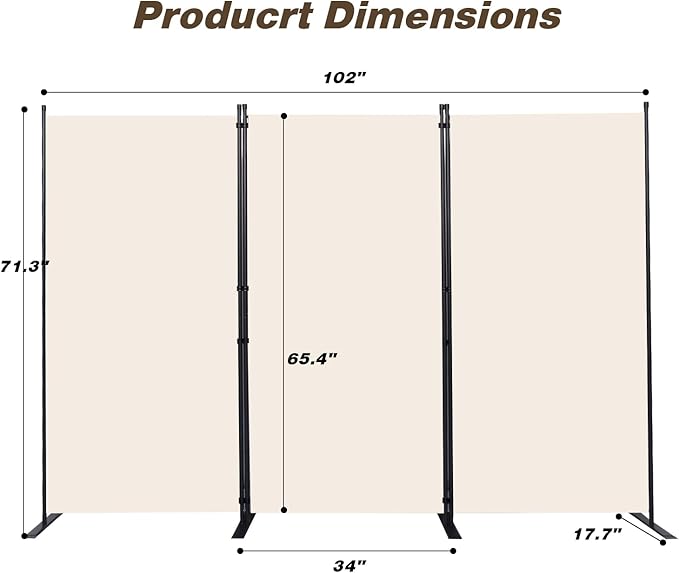 Room Divider, 3 Panel Folding Privacy Screens with Wider Support Feet, 6 Ft Portable Room Partition for Room Separator, 102" W X 71" H, Beige