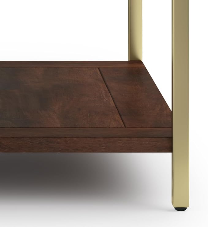 SIMPLIHOME Skyler SOLID MANGO WOOD and Metal 34 inch Wide Square Industrial Coffee Table in Dark Brown / Gold for the Living Room and Family Room