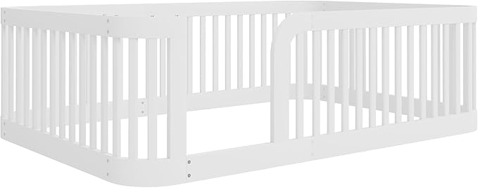 Full Floor Bed with High Fence and Rounded Corner Design, Montessori Floor Bed Frame with Guardrail and Entrance, Easy Assemble Montessori Bedd Full Size, White