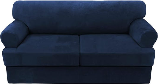 H.VERSAILTEX Sofa Cover 3 Piece T Cushion Sofa Slipcovers Thick Velvet Couch Cover Furniture Protector Stretch T Cushion Sofa Covers for 2 Cushion Couch with 2 Individual T Cushion Covers, Navy