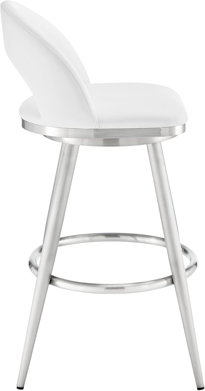 Armen Living Charlotte Swivel Bar Stool in Brushed Stainless Steel with White Faux Leather