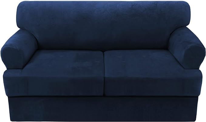 H.VERSAILTEX Sofa Cover 3 Piece T Cushion Loveseat Slipcovers Thick Velvet Couch Cover Furniture Protector Stretch T Cushion Sofa Covers for 2 Cushion Couch with 2 Individual T Cushion Covers, Navy