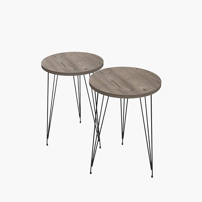 PAK HOME - Set of 2 Pine Wood Grey End Table – Round Wood Sofa Side Coffee Tables for Small Spaces, Nightstand Bedside Table for Bedroom, Living Room, Home Office, Balcony
