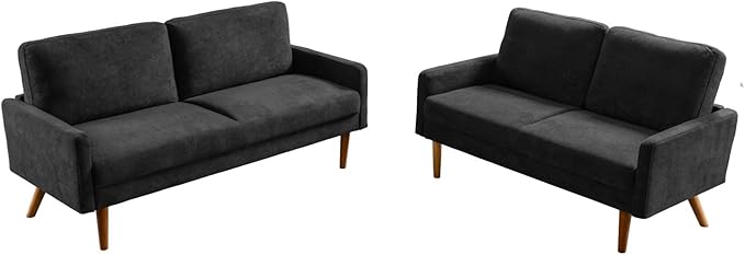Kent 2 Piece Velvet Sofa and Loveseat Set, European Style with Modern & Vintage Flair, Upholstered 5 Seater Couch, Chic Living Room Furniture Seating for Home, Apartment or Office, Black