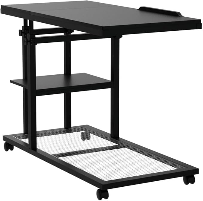 Tribesigns Height Adjustable C Table with Wheels, Mobile Couch Snack Side Table with Tiltable Drawing Board, Sofa Bedside Laptop Stand C Shaped TV Tray with Storage Shelves (Black)