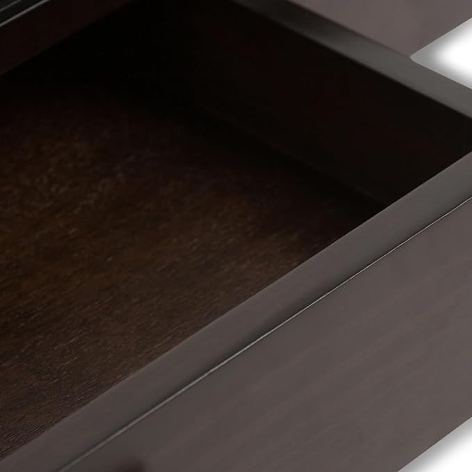 SIMPLIHOME Cosmopolitan Coffee Table - 42 inch Wide Solid Wood Contemporary Rectangle Cocktail Table in Mahogany Brown, Stylish Living Room Table with 2 Drawers and Square Brushed Nickel Knobs