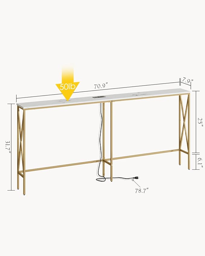Masupu 70.9" Console Table with Power Outlet, Modern Narrow Long Sofa Table Behind Couch, Skinny Entry Table, Industrial Sofa Table with Metal Frame for Hallway, Living Room, Marble White