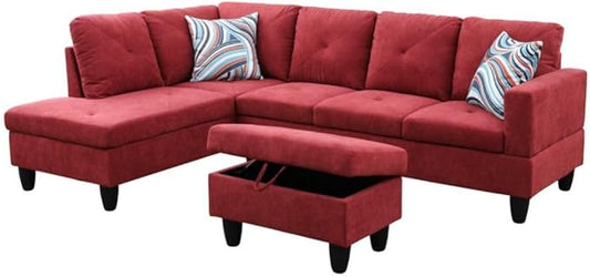 Red L-Shaped 3-Piece Flannelette Sofa with Storage Ottoman Set, Sectional Couch Sofa Set for Living Room, Office, Small Space