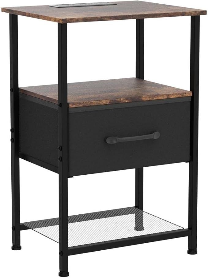 Nightstands Set of 2 with Charging Station and Drawer, End Table Bedside Table with 20 Colors LED Light Strip and 2 Layers Shelf for Bedroom Living Room (Rustic Brown)