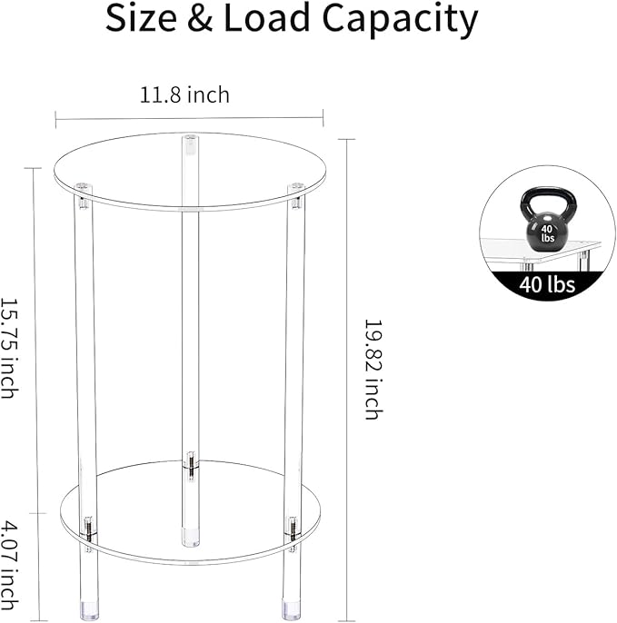 Clear Round Acrylic Side Table for Small Spaces, 11.81" L x 11.81" W x 19.82" H, 2 Tier Small Modern Drink End Table Nightstand, Minimalist Bedside Table for Living Room, Bedroom, Bathroom