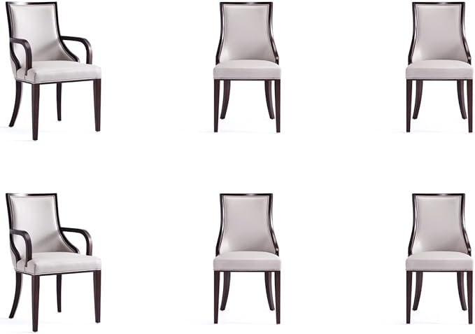 Manhattan Comfort Grand Faux Leather Dining Chairs, Traditional Design with Rectangular Channeling, Solid Beech Wood Frame, Walnut Finish, 300 lb Capacity, Fully Assembled, Set of 6, Light Grey