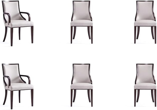 Manhattan Comfort Grand Faux Leather Dining Chairs, Traditional Design with Rectangular Channeling, Solid Beech Wood Frame, Walnut Finish, 300 lb Capacity, Fully Assembled, Set of 6, Light Grey
