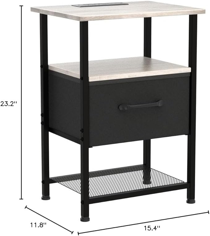 Nightstands Set of 2 with Charging Station and Drawer, End Table Bedside Table with 20 Colors LED Light Strip and 2 Layers Shelf for Bedroom Living Room Sofa (Grey)