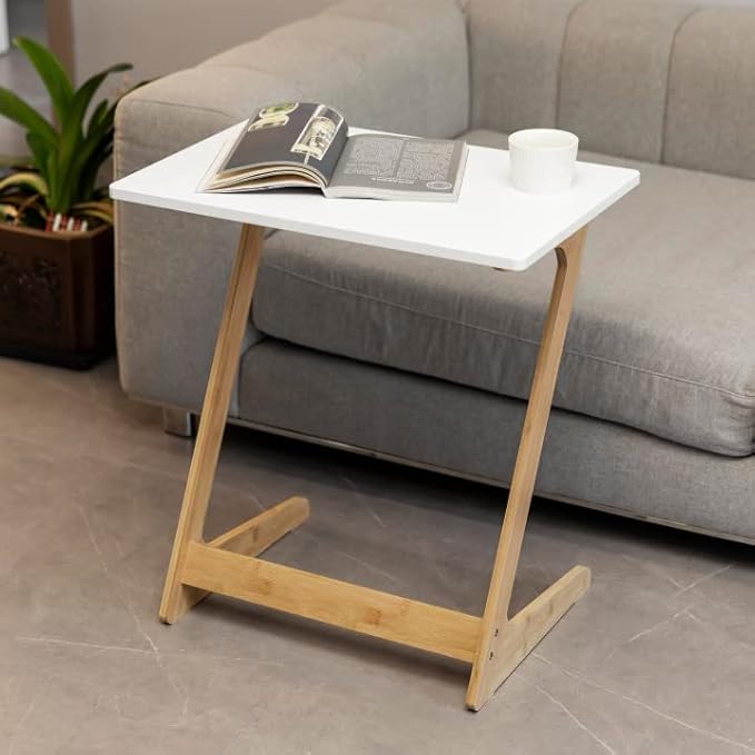 Forevich Bamboo Modern Tv Trays Table for Eating, Wood Couch Table End Snack Desk Sofa Side Table Z Shaped White