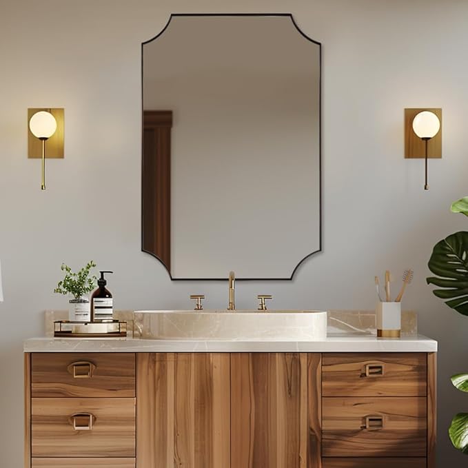 ANDY STAR Brushed Bronze Bathroom Mirror, 24x36 Inch Scalloped Mirror for Bathroom, Antique Bronze Rectangular Mirror with Premium Stainless Steel Metal Frame, Thin Frame Deep 1"