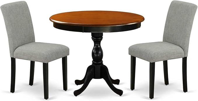 East West Furniture AMAB3-BCH-06 3 Piece Dining Table Set for Small Spaces Contains a Round Kitchen Table with Pedestal and 2 Shitake Linen Fabric Upholstered Chairs, 36x36 Inch, Black & Cherry