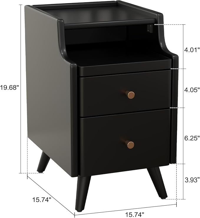 Wood Nightstand, Black Nightstand with 2 Drawers, Bedside Table for Bedroom