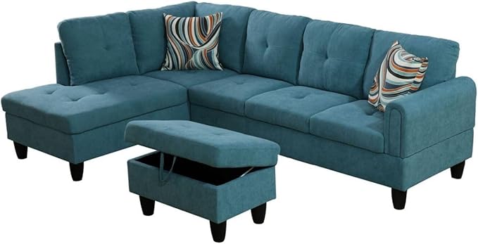 Green L-Shaped 3-Piece Flannel Sofa with Storage Ottoman Set, Sectional Couch Sofa Set for Living Room, Office, Small Space
