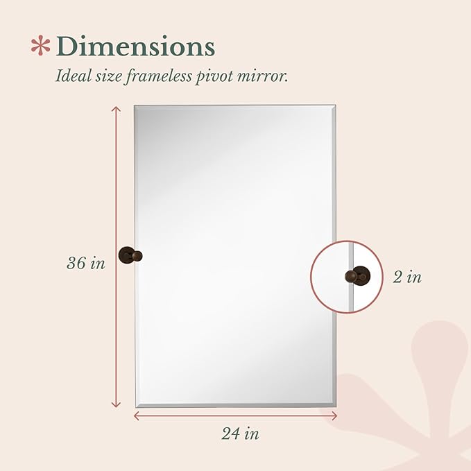 Hamilton Hills 24x36 inch Frameless Pivot Mirrors for Bathrooms with Oil Rubbed Bronze Rounded Wall Brackets | Rectangular Tilting & Farmhouse Wall-Mounted Vanity | Hangs Horizontally and Vertically