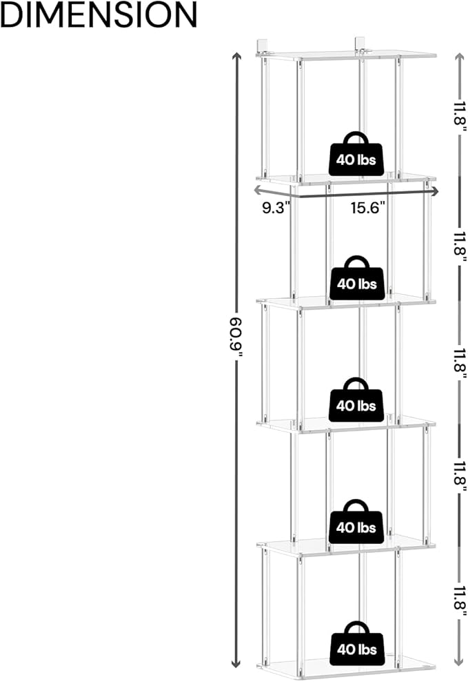 Acrylic Geometric Bookshelf for Small Spaces, 6-Tier Tall Clear S Shaped Bookcase, Modern Open Book Shelf for Living Room, Bedroom, Office, 9.3" D x 15.6" W x 61" H, Easy Assembly