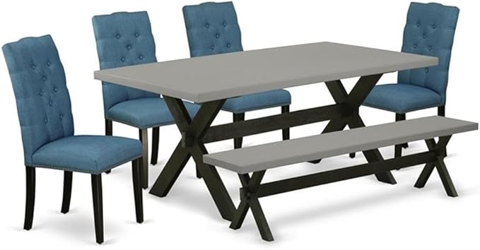East West Furniture X697EL121-6 6 Piece Dining Set Contains a Rectangle Dining Room Table with X-Legs and 4 Blue Linen Fabric Parson Chairs with a Bench, 40x72 Inch, Multi-Color