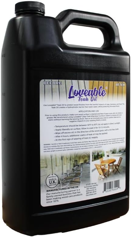 EcoDecors Loveable Teak Oil – 1 Gallon, Indoor and Outdoor Wood Protector, Marine-Grade, Plant-Based Formula, Deep-Penetrating Teak Treatment for Patio, Garden, Shower & Boat Wood Furniture