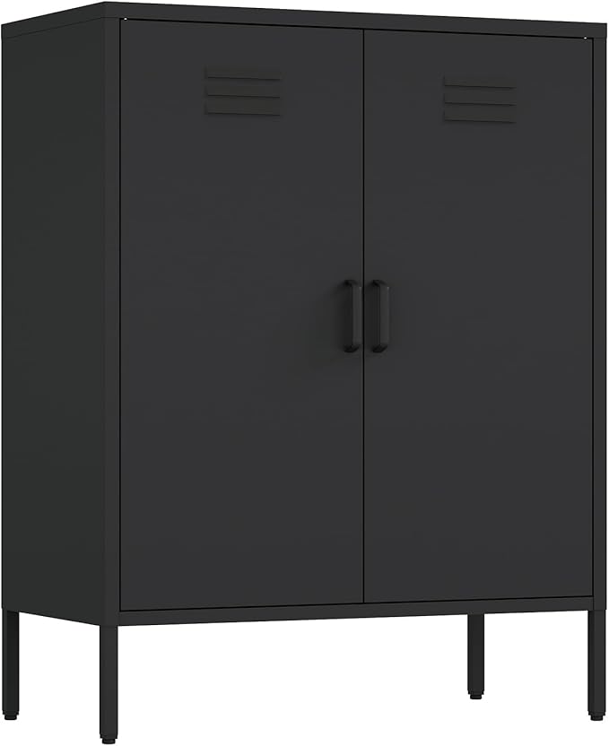 Manhattan Comfort Naomi Modern Metal Accent Cabinet, Minimalist Storage Cabinet with Doors & Adjustable Shelves, Vented Doors, Sturdy Steel Build, Versatile & Multi-Purpose Home Furniture, Black