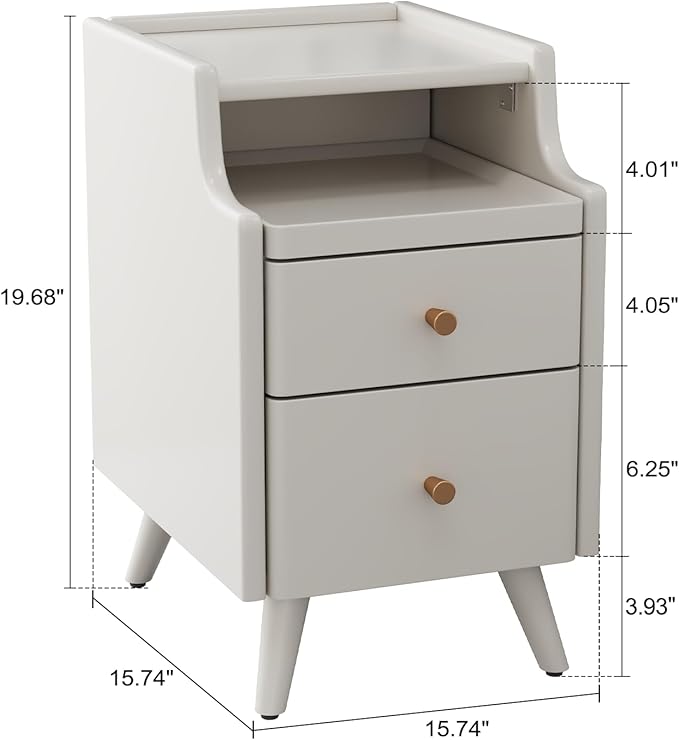 Wood Nightstand, White Nightstand with 2 Drawers, Bedside Table for Bedroom