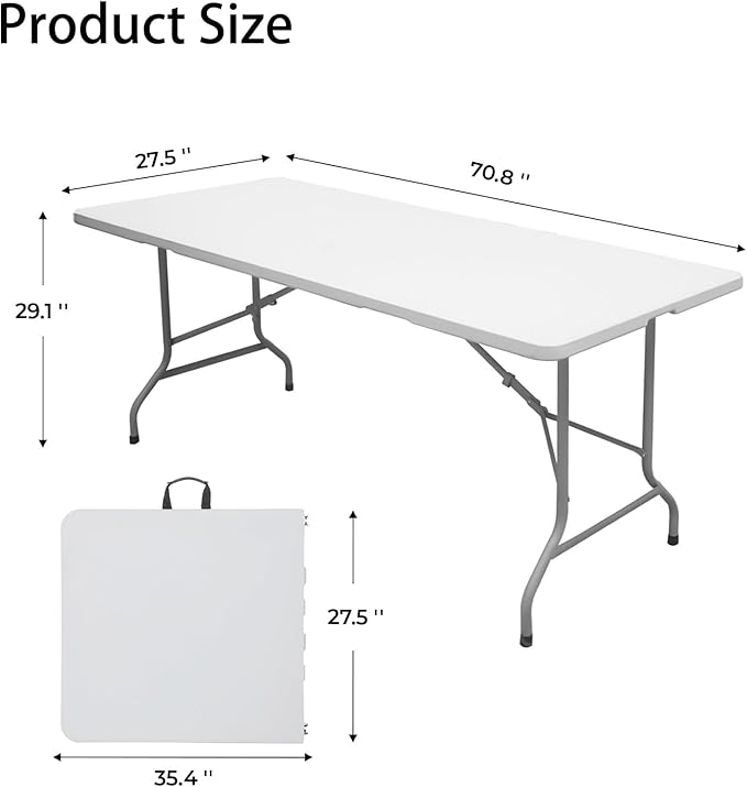 Folding Table 6ft Plastic Folding Table Indoor & Outdoor for Picnic, Camping,BBQ and Party, with Powder Coated Steel Legs and Built in Carry Handle, White