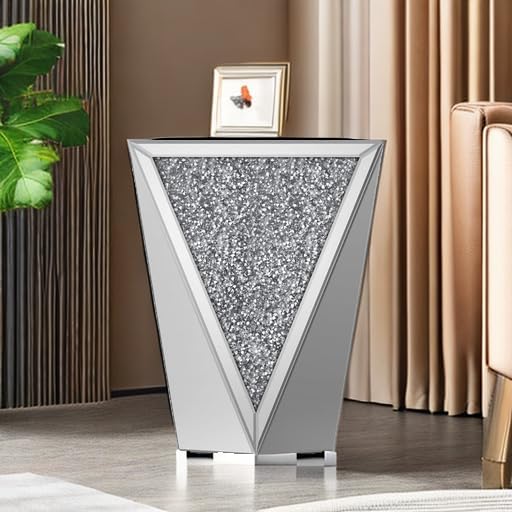 ENENE 19.7" Mirrored End Table Crystal Diamond Setting Coffee Table Silver Glass Side Table Pedestal Stand for Hallway, Living Room, Corner, Bedroom, Sofa