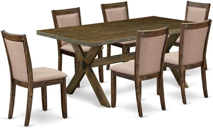 East West Furniture X777MZ716-7 7 Piece Dining Set Consist of a Rectangle Dining Room Table with X-Legs and 6 Dark Khaki Linen Fabric Upholstered Parson Chairs, 40x72 Inch, Multi-Color