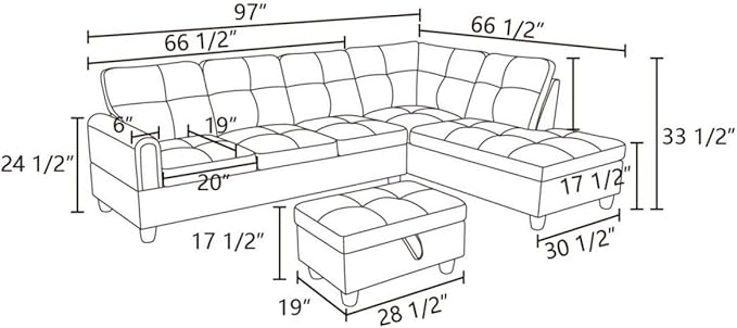 Black Grey L-Shaped 3-Piece Linen Sofa with Storage Ottoman Set, Sectional Couch Sofa Set for Living Room, Office, Small Space