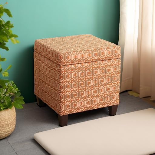 HomePop Upholstered Storage Cube Ottoman with Hinged Lid, Orange Geometric 17" x 17" x 18"