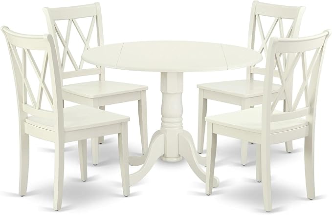East West Furniture DLCL5-LWH-W 5 Piece Dining Set Includes a Round Dining Room Table with Dropleaf and 4 Wood Seat Chairs, 42x42 Inch, Linen White