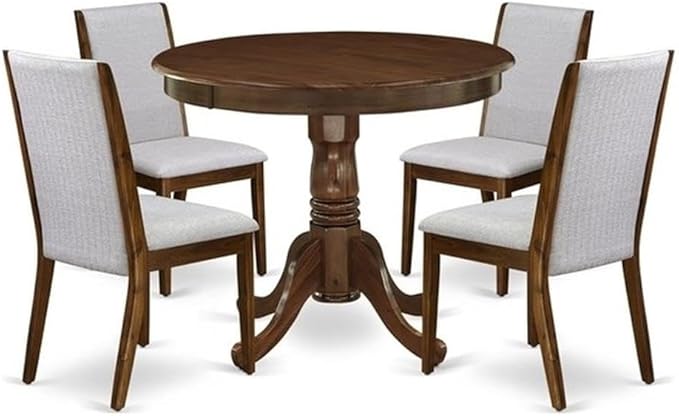 East West Furniture ANLA5-AWA-05 5 Piece Dining Table Set for Small Spaces Contains a Round Kitchen Table with Pedestal and 4 Parson Chairs, 36x36 Inch, Antique Walnut