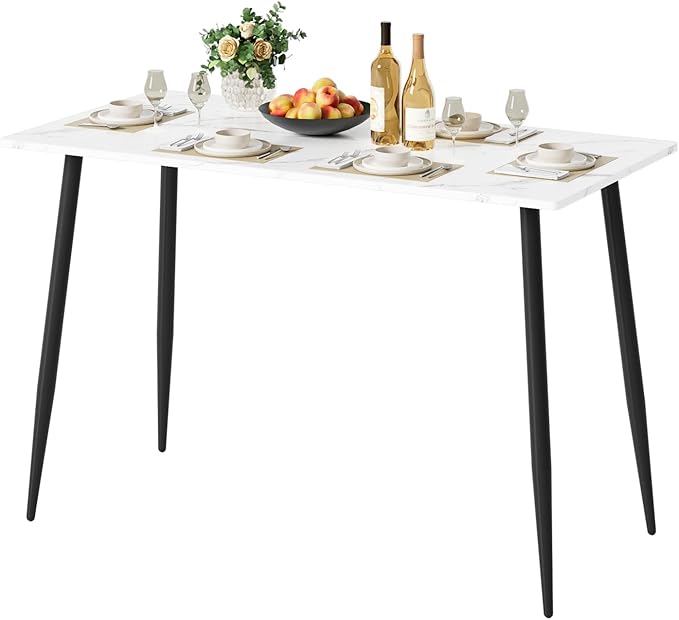 Garden 4 you Wood Dining Table for 4-6 People, Modern Rectangular Indoor Dinner Table, 47" Metal Frame Kitchen Table with Legs for Kitchen, Dining Room, Living Room, White