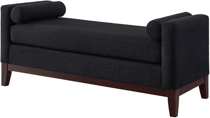 24KF Large Upholstered Boucle Fabric Ottoman with Pillows,Comfort Padded Window Bench for Living Room,Entryway Bench,5095-Black