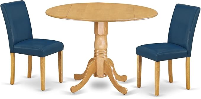 East West Furniture DLAB3-OAK-55 3 Piece Kitchen Table Set Contains a Round Dining Table with Dropleaf and 2 Oasis Blue Faux Leather Upholstered Chairs, 42x42 Inch, Oak